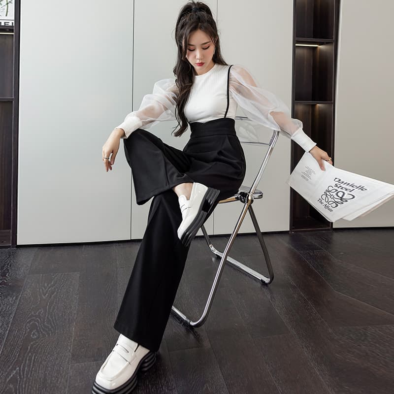 40代ファッション 大人のロング丈サロペットパンツ