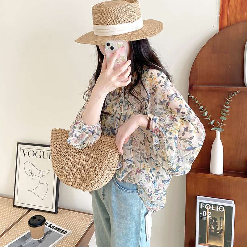 40代ファッション レディース 花柄シフォンブラウス ふんわり袖