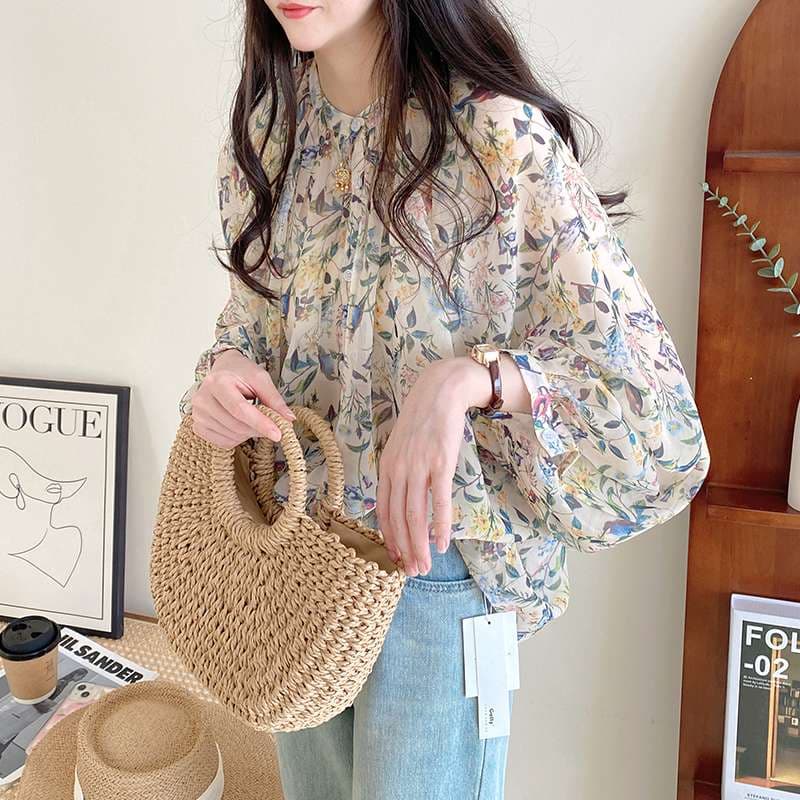 40代ファッション レディース 花柄シフォンブラウス ふんわり袖