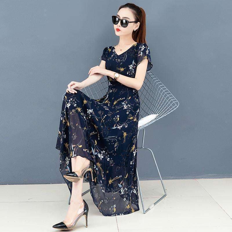40代ファッション レディース 花柄シフォンマキシワンピース