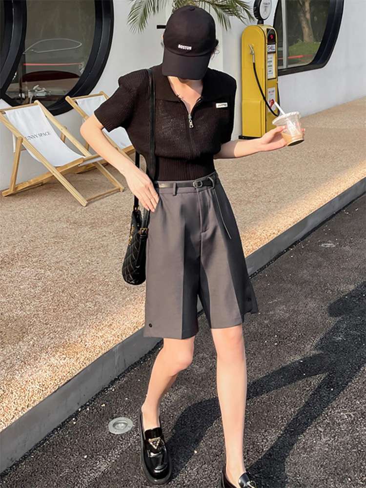 40代ファッション レディース エレガントワイドベルテッドハーフパンツ