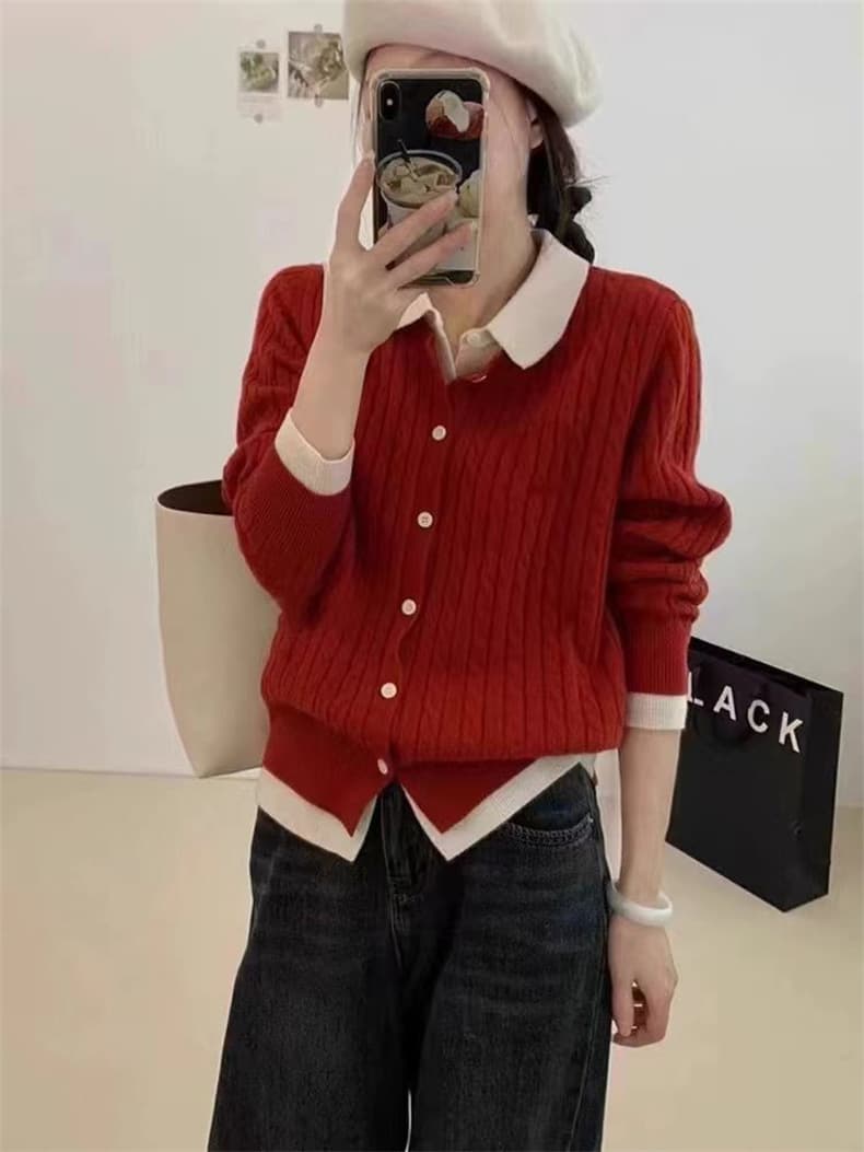40代ファッション 襟付きケーブル編みニット重ね着風セーター