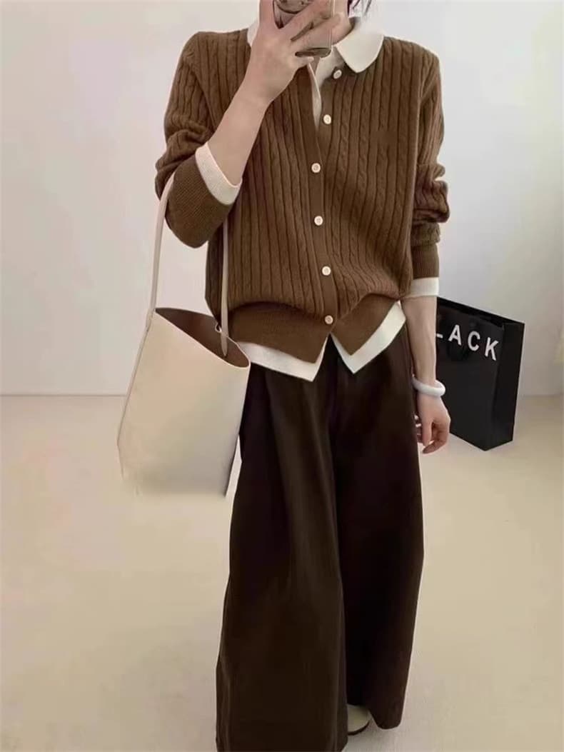 40代ファッション 襟付きケーブル編みニット重ね着風セーター