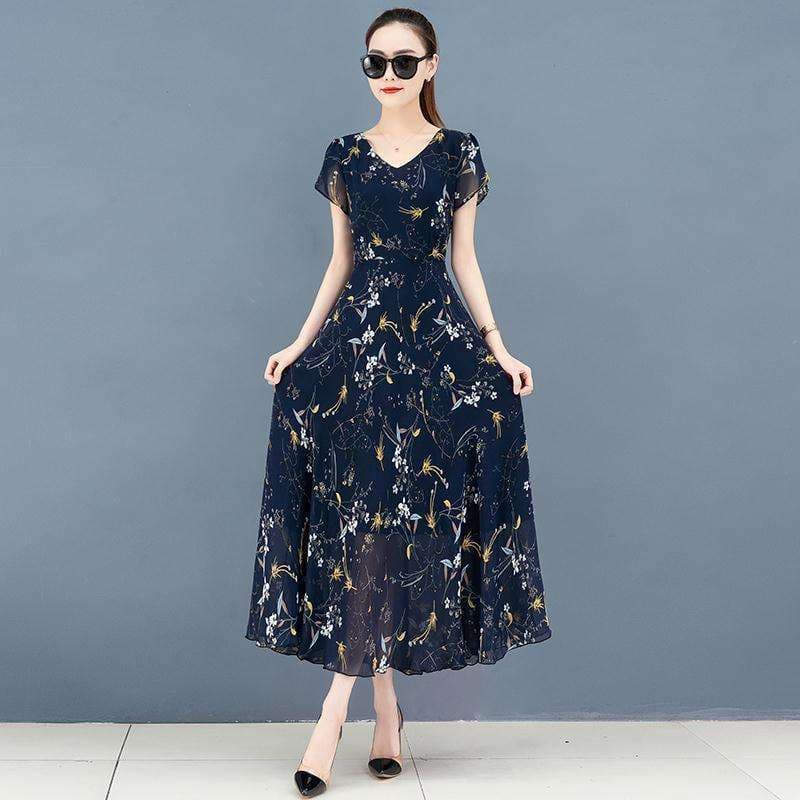 40代ファッション レディース 花柄シフォンマキシワンピース