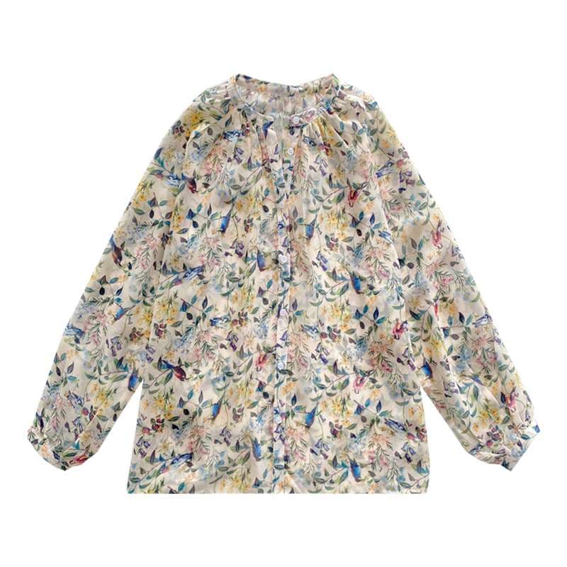 40代ファッション レディース 花柄シフォンブラウス ふんわり袖
