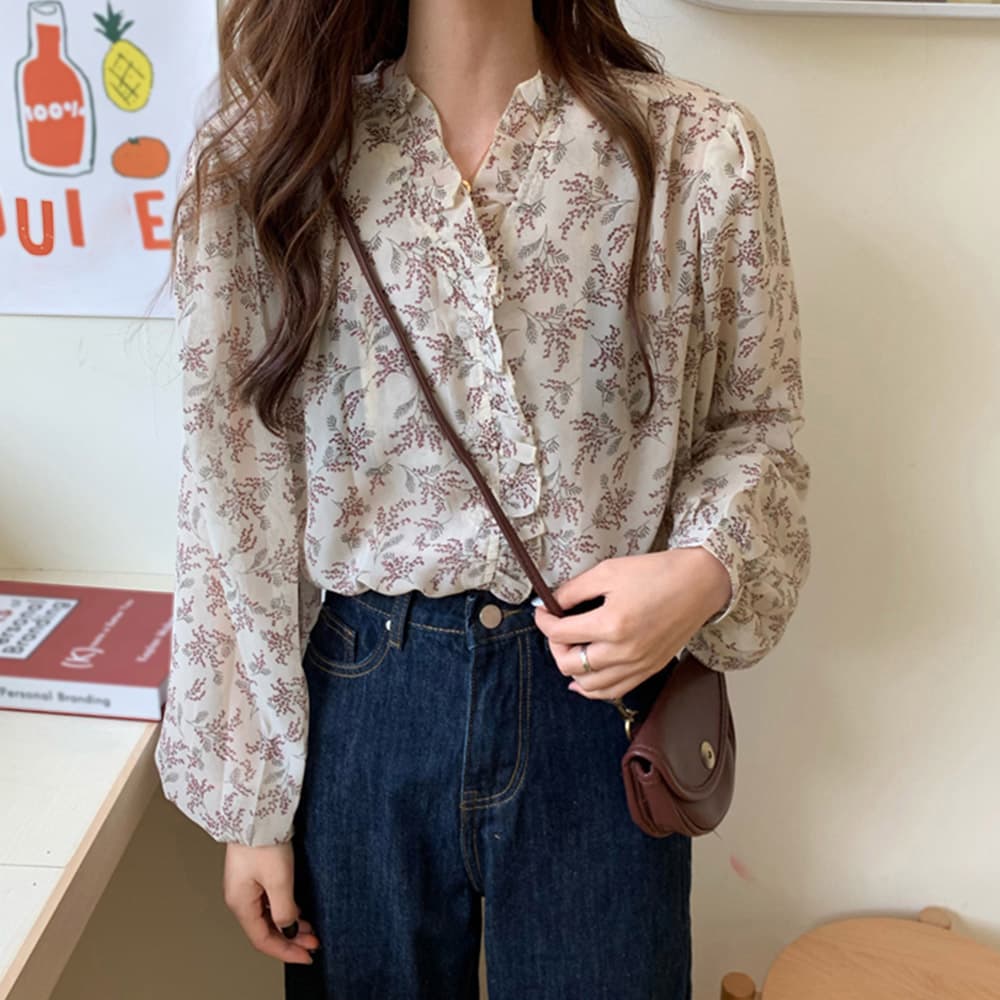 40代ファッション 襟フリル花柄シフォンブラウス長袖