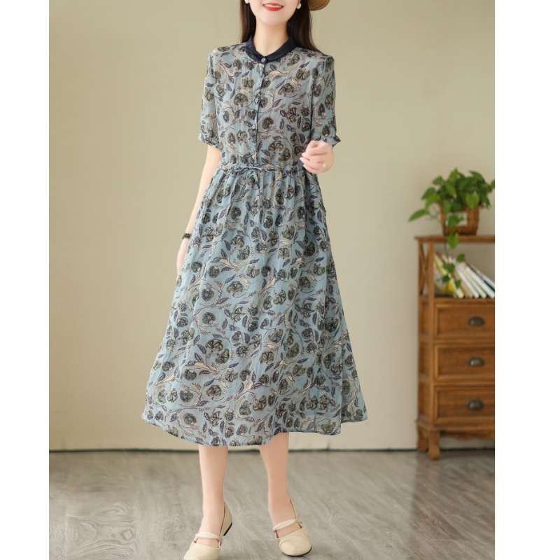 40代ファッション レディース 花柄プリント ミディ丈シャツワンピース