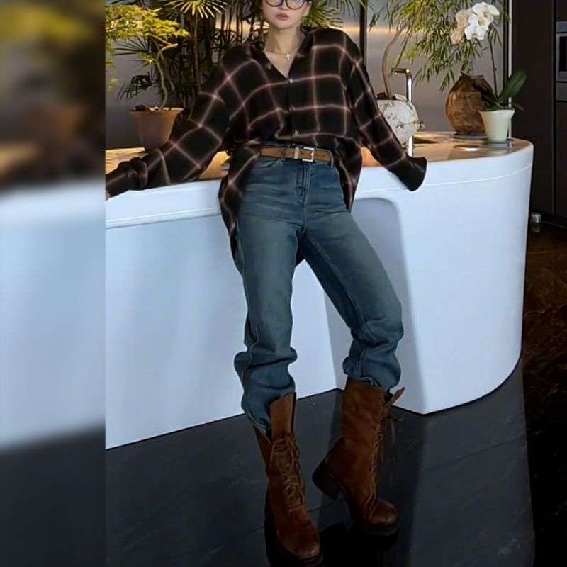 40代ファッション レディース オーバーサイズチェック柄シャツ