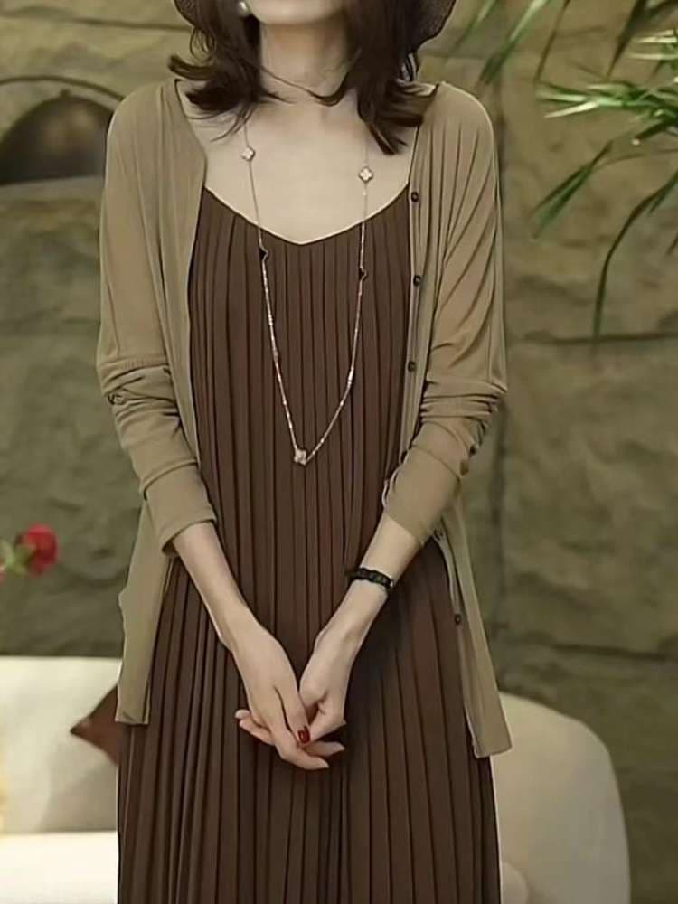 40代ファッション レディース プリーツキャミソールマキシワンピース