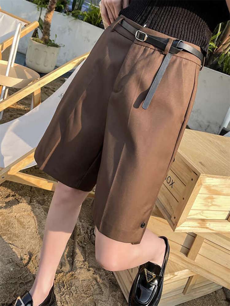 40代ファッション レディース エレガントワイドベルテッドハーフパンツ