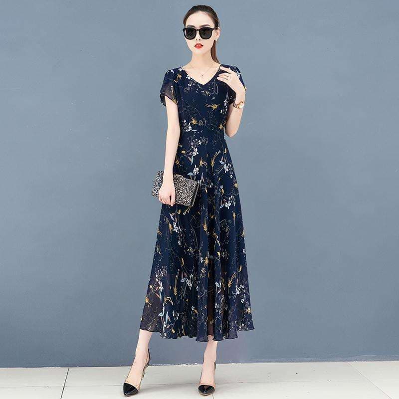 40代ファッション レディース 花柄シフォンマキシワンピース