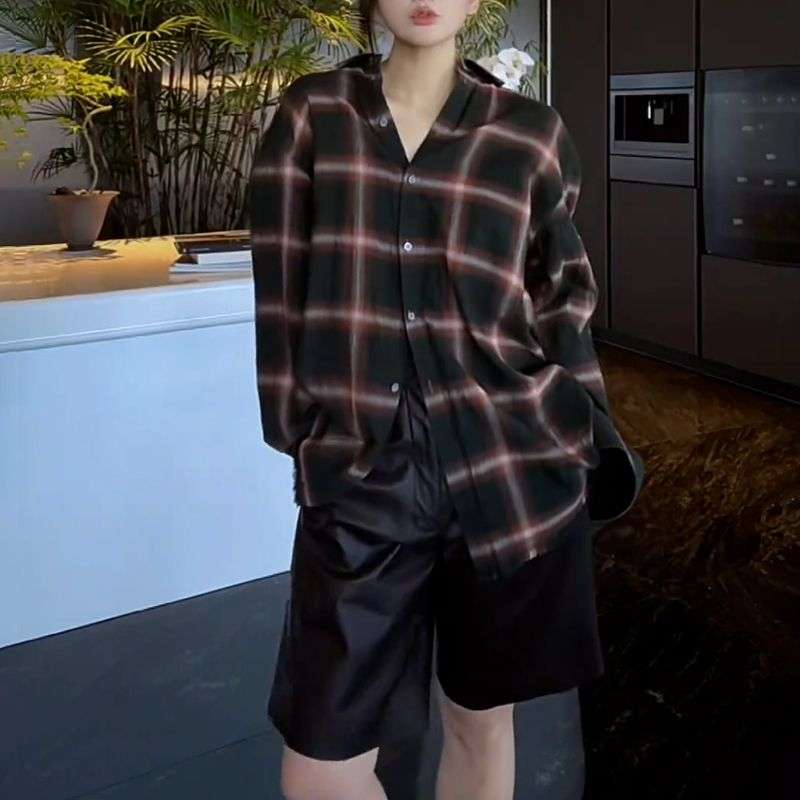 40代ファッション レディース オーバーサイズチェック柄シャツ