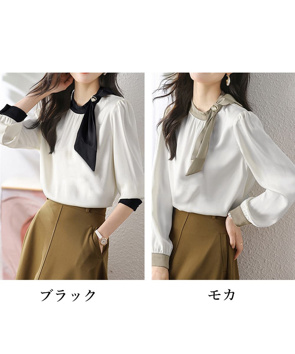40代ファッション 上品ボウタイブラウス バイカラー配色