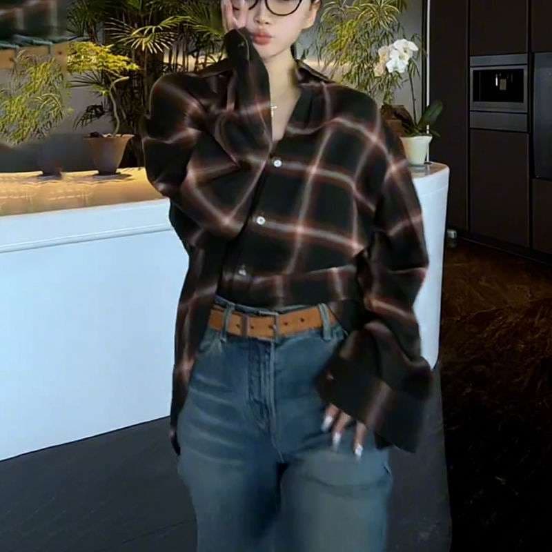 40代ファッション レディース オーバーサイズチェック柄シャツ